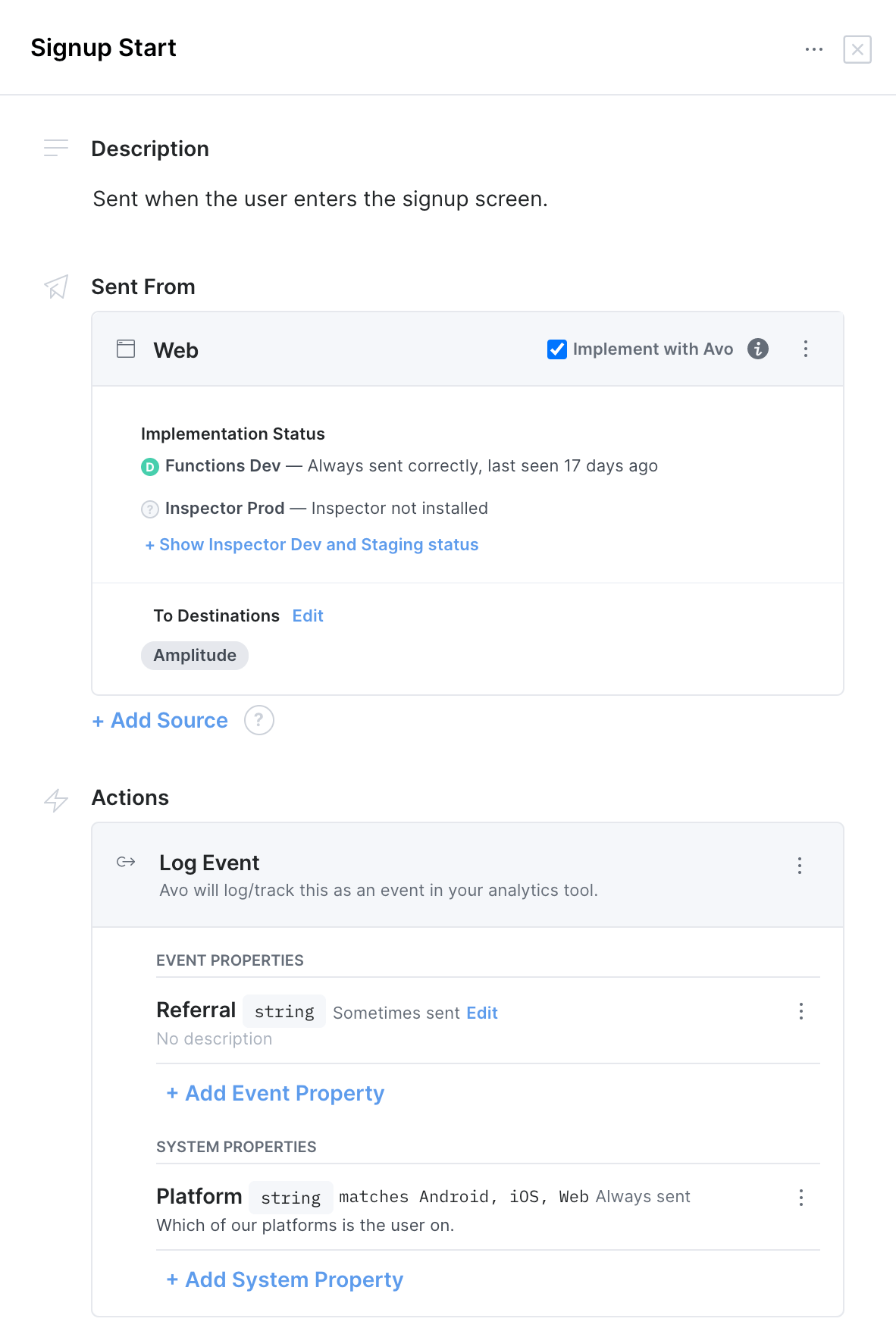 Event 'Signup Start' defined in Avo with referral string property and implement with Avo check
